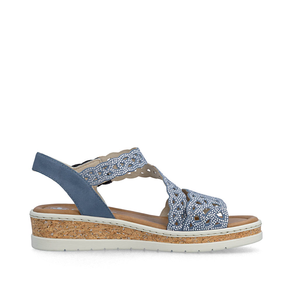 Blaue Rieker Damen Riemchensandalen V4150-14 mit Strasssteinen sowie Gummizug. Schuh Innenseite.