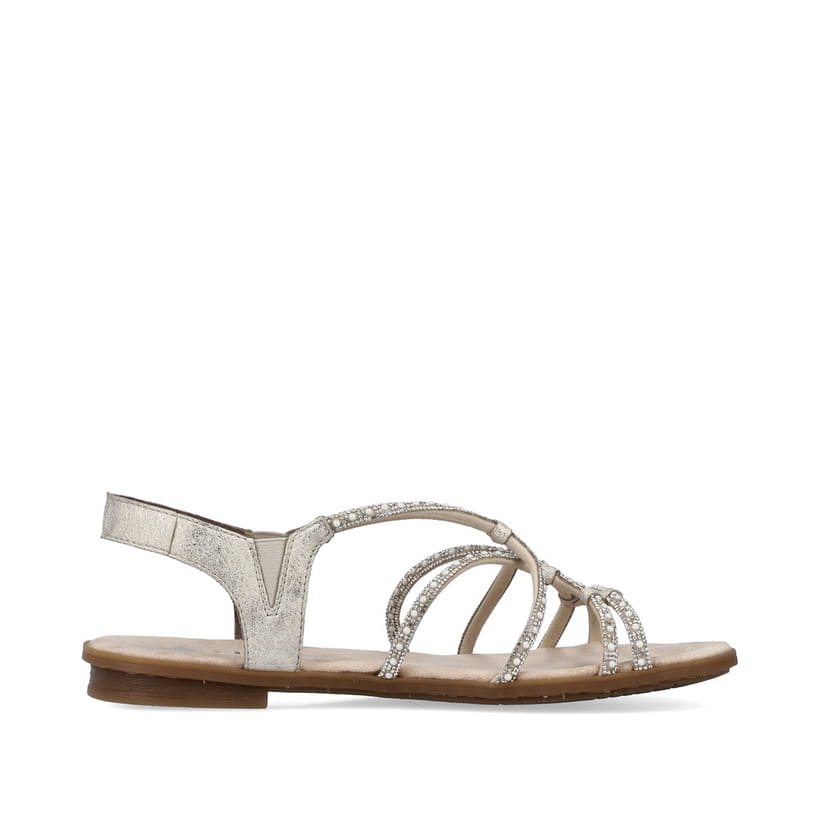 Silberne Rieker Damen Riemchensandalen 64270-60 mit Strasssteinen sowie Gummizug. Schuh Innenseite.