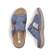 Blaue Rieker Damen Pantoletten 64806-10 mit einem Klettverschluss. Schuh von oben, liegend.