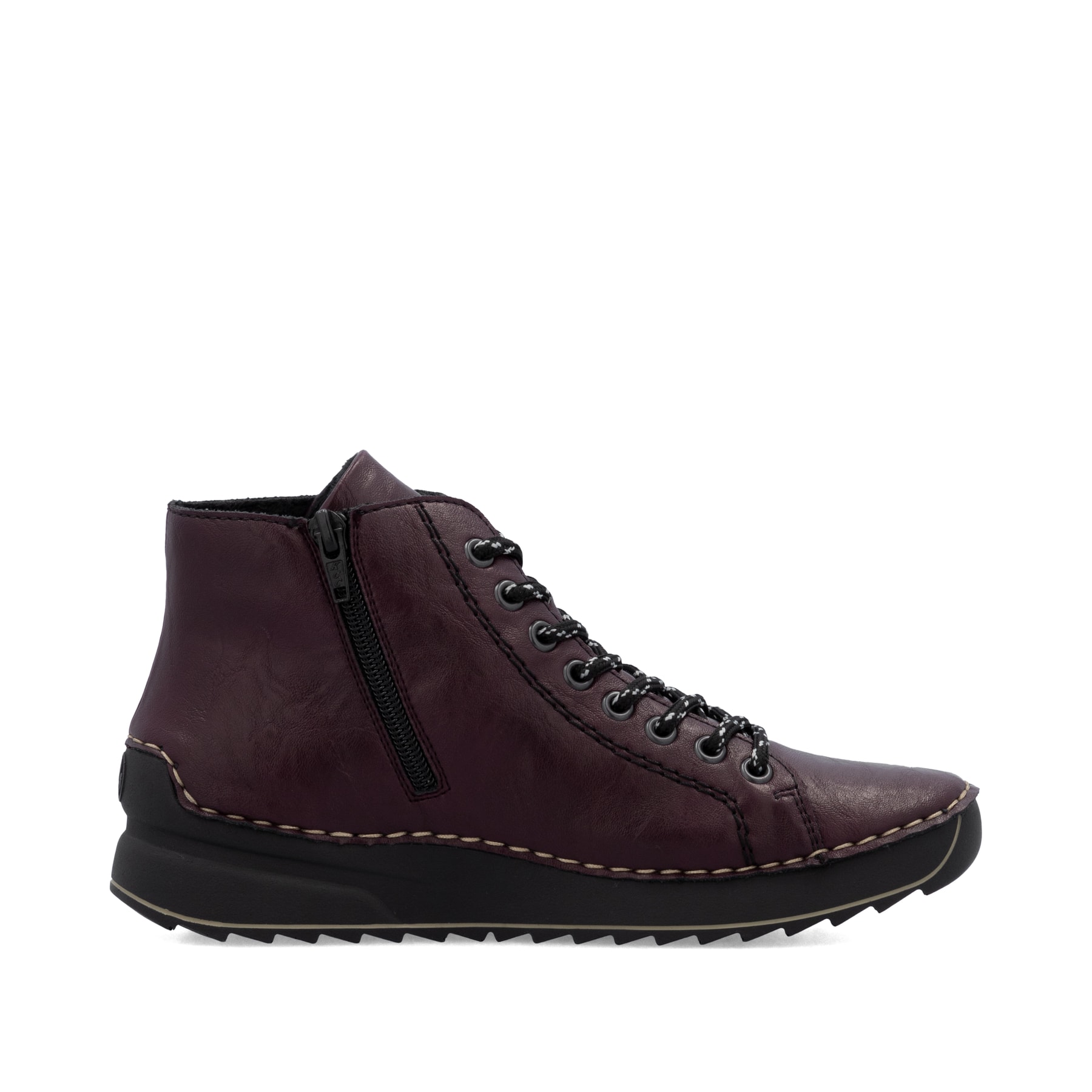 Dunkelrote Rieker Damen Schnürstiefel 71510-30 mit einem Reißverschluss. Schuh von hinten.