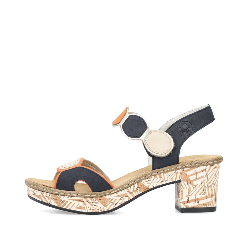 Mehrfarbige Rieker Riemchensandaletten 63876-90 mit einem Klettverschluss. Schuh Außenseite.