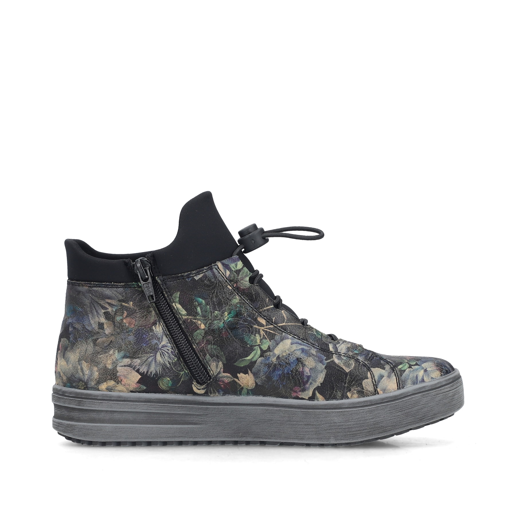 Graue Rieker Damen Kurzstiefel L2550-90 mit floralem Aufdruck. Schuh Innenseite.