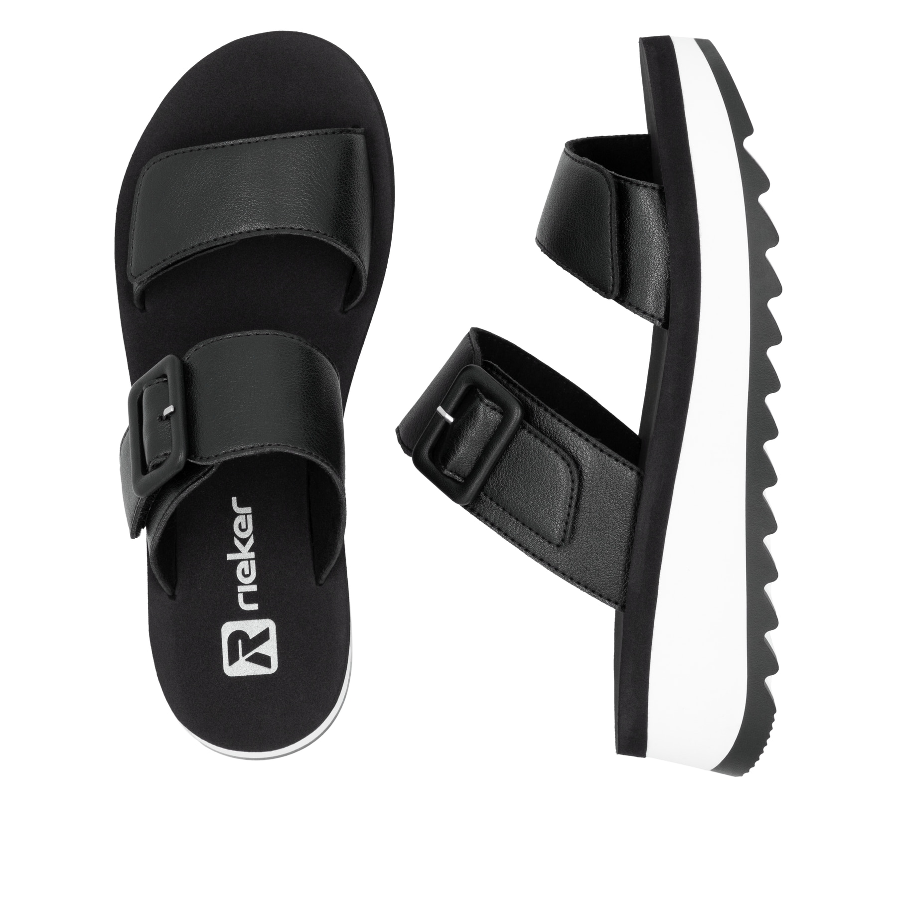 Schwarze Rieker Damen Pantoletten W3050-00 mit einem Klettverschluss. Schuh von oben, liegend.