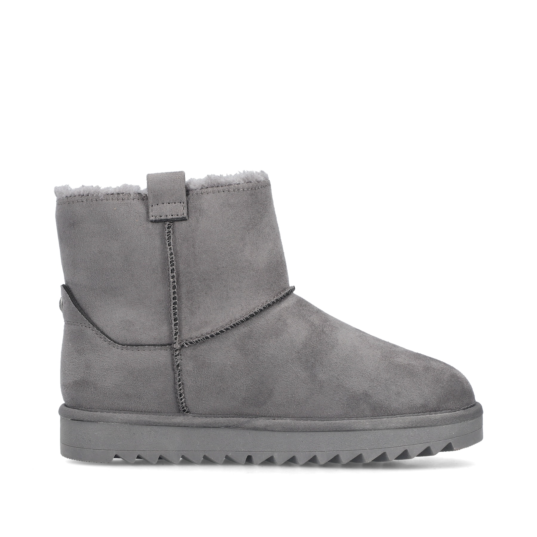 Graue Rieker Damen Kurzstiefel 99870-45 mit Fellschaftrand sowie Komfortweite G. Schuh Innenseite.