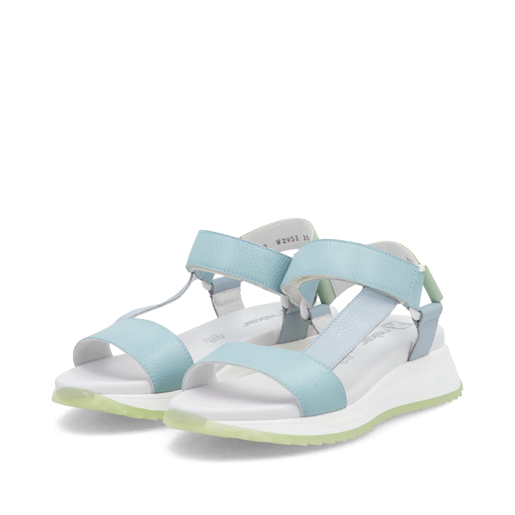 Blaue Rieker Damen Trekkingsandalen W2951-10 mit einem Klettverschluss. Schuhpaar seitlich schräg.