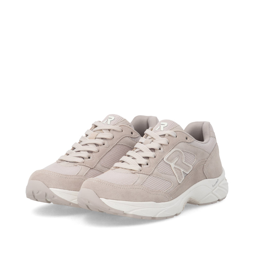 Beige Rieker Sport Damen Sneaker Low W4201-60. Schuhpaar seitlich schräg.