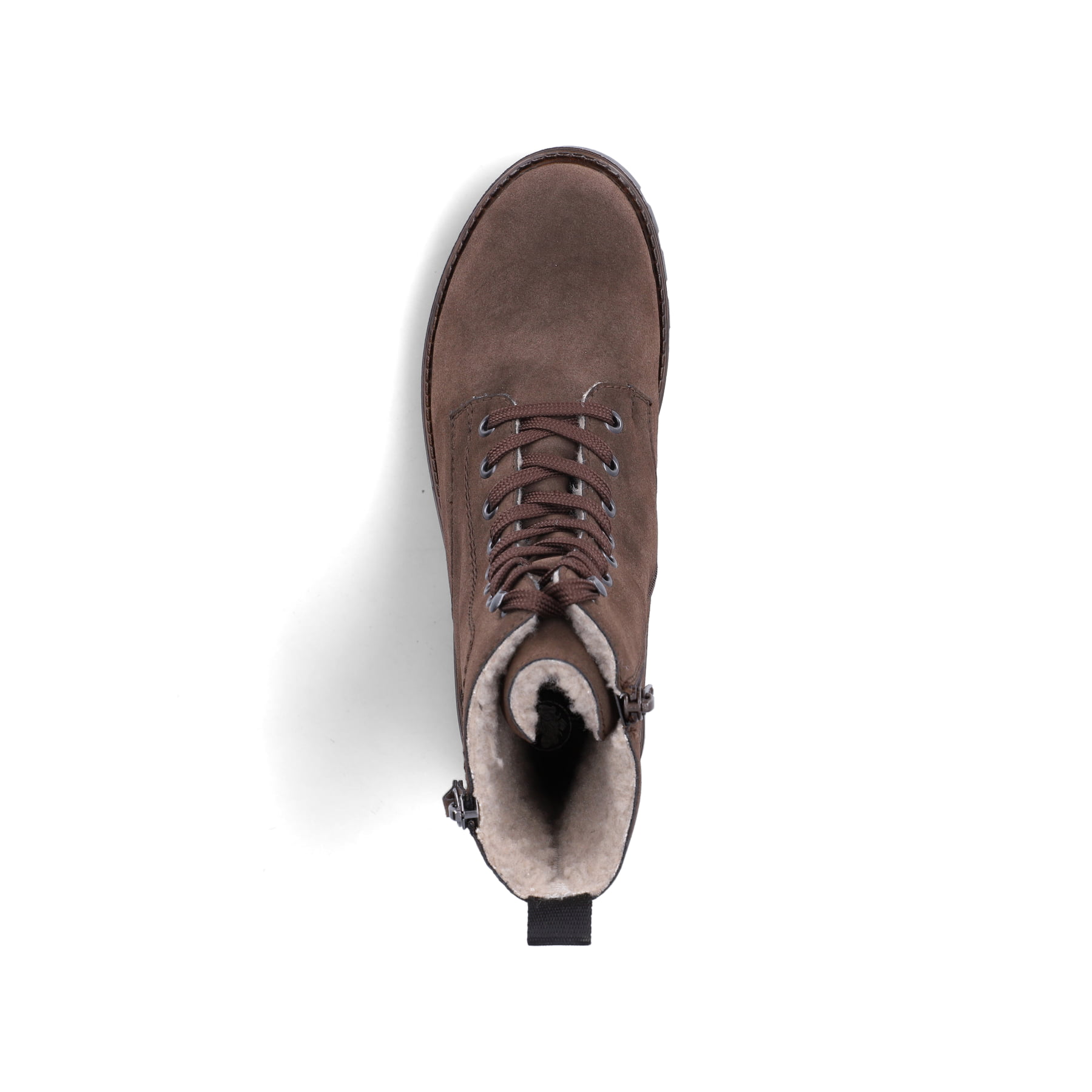 Braune Rieker Damen Biker Boots 73210-25 mit einem Reißverschluss. Schuh von oben.
