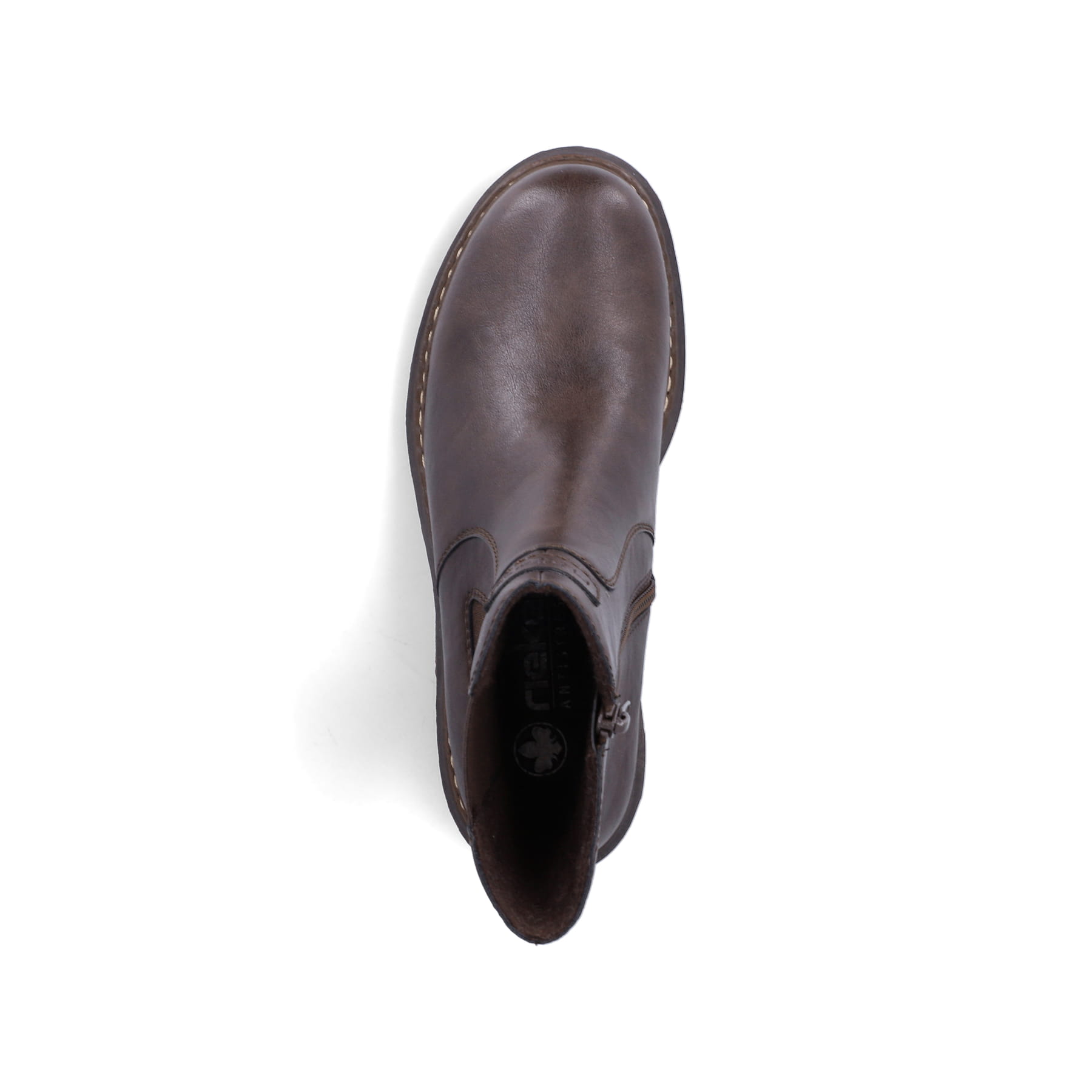 Dunkelbraune Rieker Damen Chelsea Boots 72660-25 mit einem Reißverschluss. Schuh von oben.
