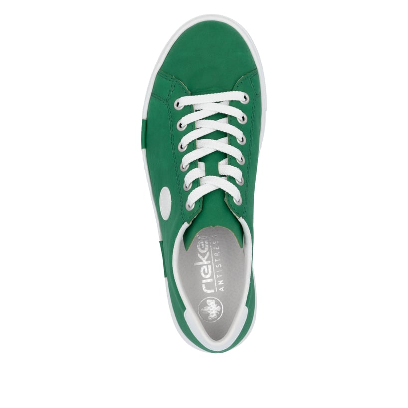 Grüne Rieker Damen Sneaker Low N49W1-52 mit einer Schnürung. Schuh von oben.