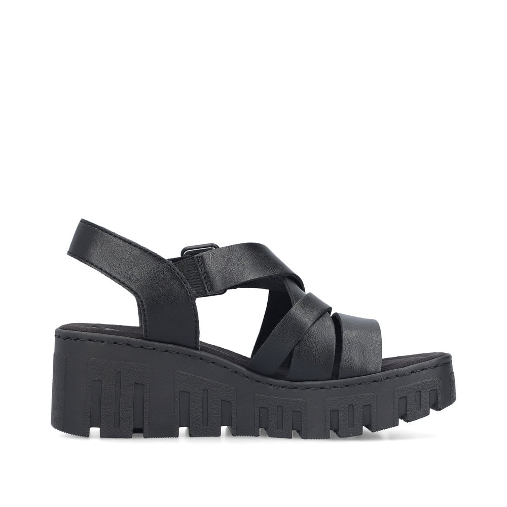 Schwarze Rieker Keilsandaletten 68063-00 mit trendiger Schnalle. Schuh Innenseite.