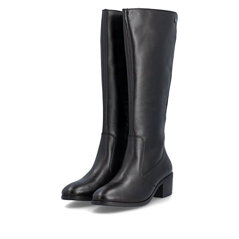 Schwarze Rieker Damen Hochschaftstiefel 73955-00 aus Glattleder. Schuhpaar seitlich schräg.