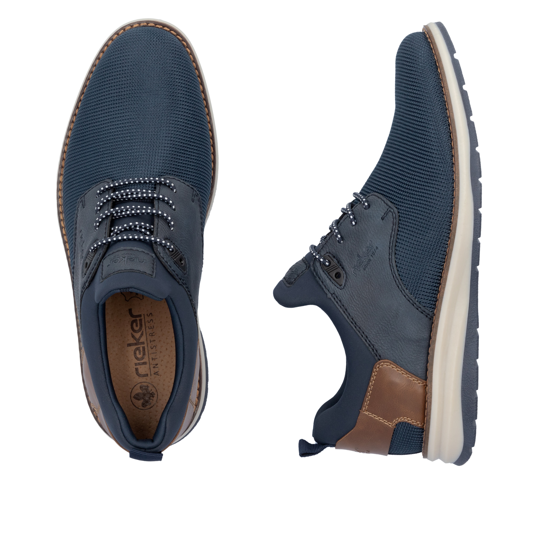 Mocassins Rieker bleus pour homme 14750-14 avec bande élastique. Chaussure vue de dessus, couchée.