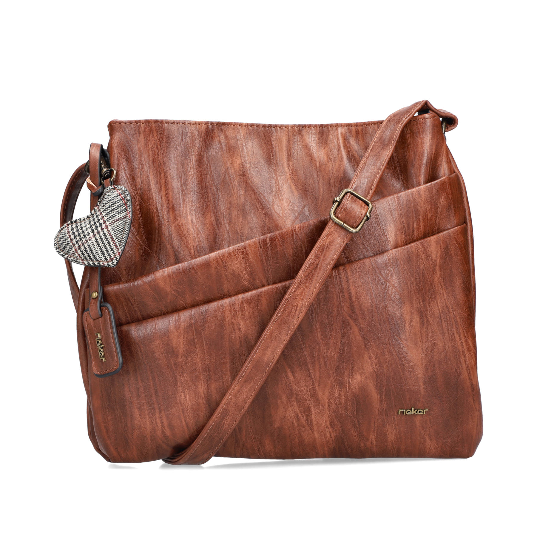 Sac bandoulière Rieker H1005-22 en marron avec fermeture éclair et pendentif en forme de cœur. Face avant.