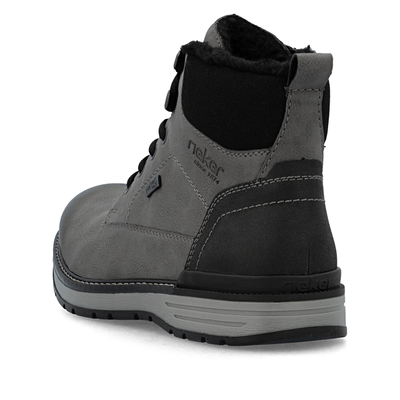 Graue Rieker Herren Schnürstiefel 39442-45 mit wasserabweisender TEX-Membran. Schuh von hinten.