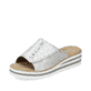 Silberne Rieker Damen Pantoletten V0290-90 mit einem Klettverschluss. Schuh seitlich schräg.
