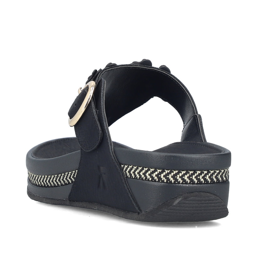 Schwarze vegane Rieker Damen Zehentrenner V1466-00 mit dekorativer Blume. Schuh von hinten.
