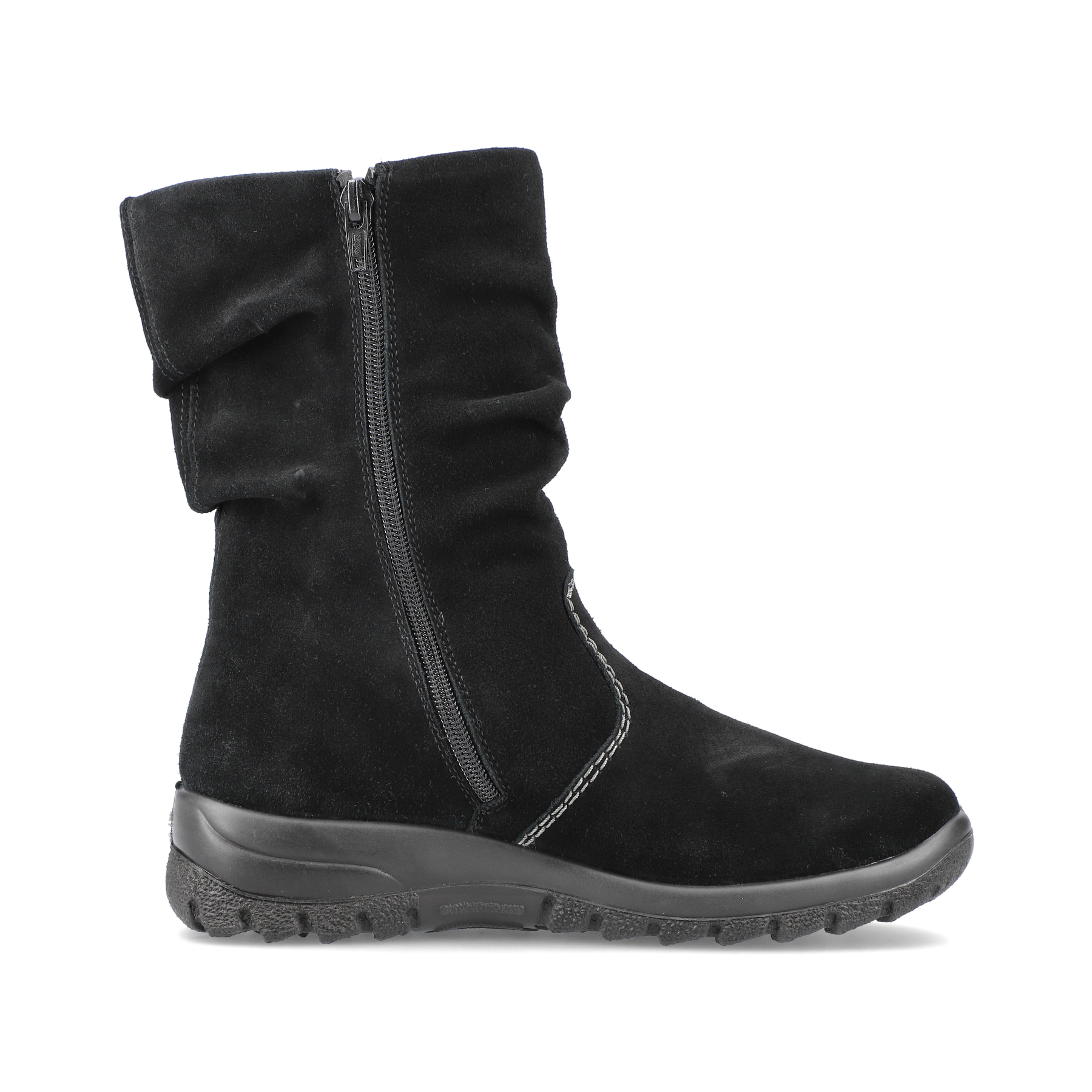 Tiefschwarze Rieker Damen Kurzstiefel Z68M1-01 mit einer schockabsorbierenden Sohle. Schuh seitlich schräg
