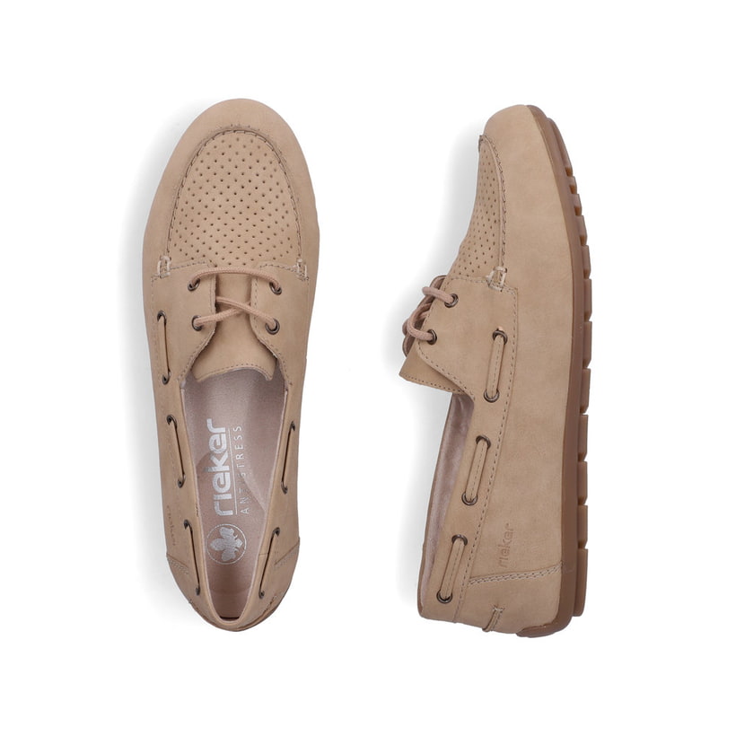 Beige Rieker Damen Schnürschuhe 43800-60 mit einer herausnehmbaren Einlegesohle. Schuh von oben, liegend.