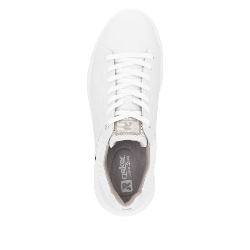 Baskets basses Rieker blanches homme U1100-80 en cuir lisse avec lacets. Chaussure vue de dessus.