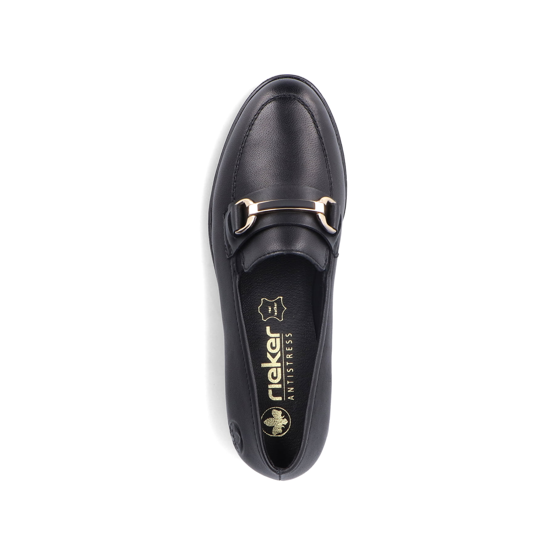 Mocassins Rieker noirs pour femme 46262-01 en cuir lisse. Chaussure vue de dessus.