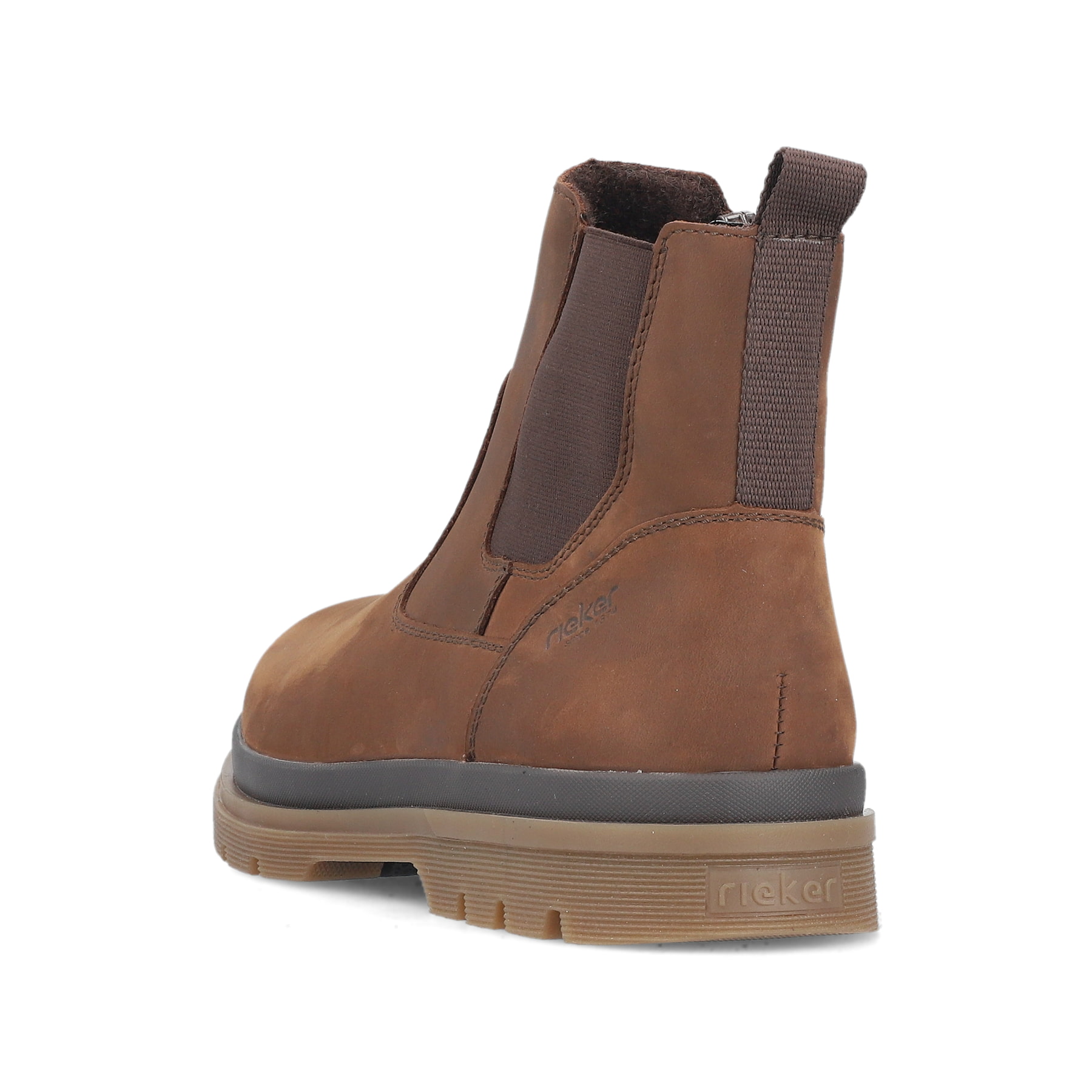 Braune Rieker Herren Chelsea Boots F7051-23 aus Glattleder mit Reißverschluss. Schuh von hinten.