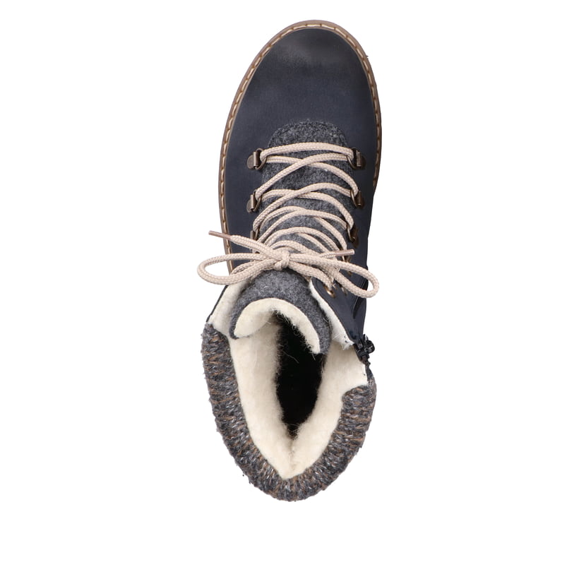 Ozeanblaue Rieker Damen Schnürstiefel Y9131-14 mit Schnürung und Reißverschluss. Schuh von oben