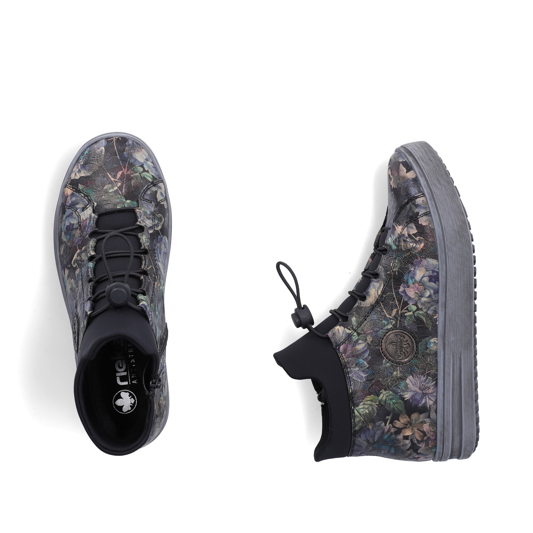 Graue Rieker Damen Kurzstiefel L2550-90 mit floralem Aufdruck. Schuh von oben, liegend.