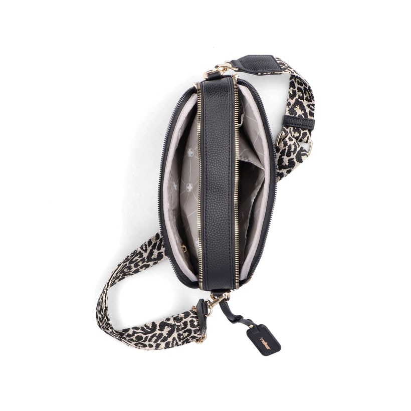 Sac à main Rieker H1029-00 en noir avec fermeture éclair, poche pour téléphone portable et bandoulière amovibles. Ouvert.