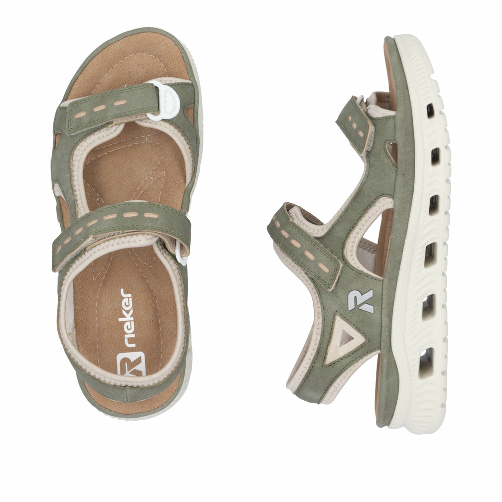 Grüne Rieker Damen Trekkingsandalen 64066-52 mit einem Klettverschluss. Schuh von oben, liegend.