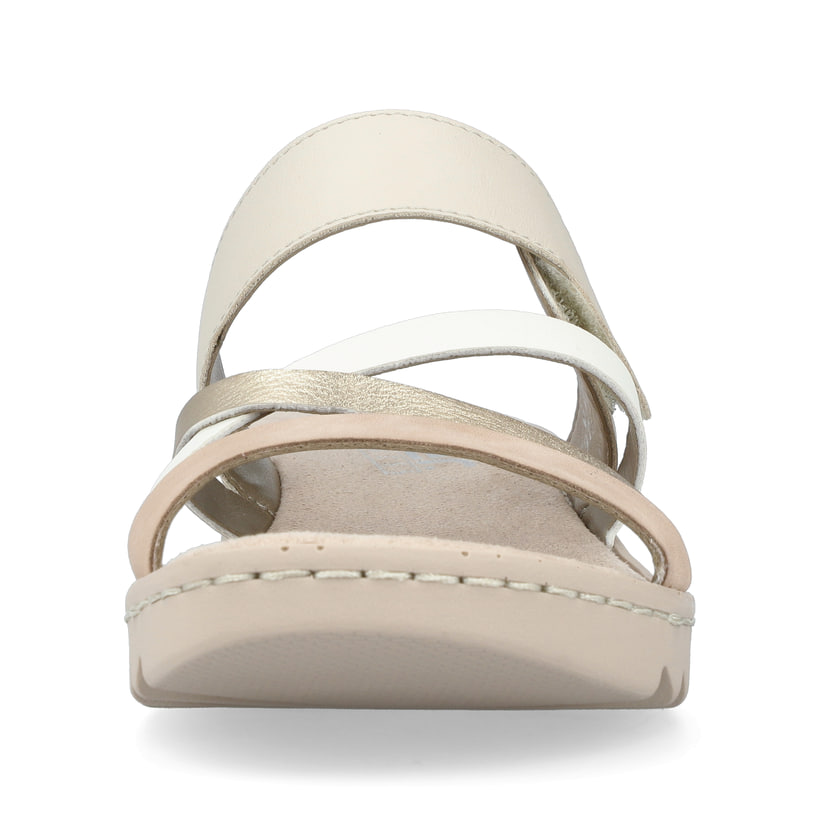 Champagnerfarbene Rieker Damen Pantoletten V4652-90 mit einem Klettverschluss. Schuh von vorne.