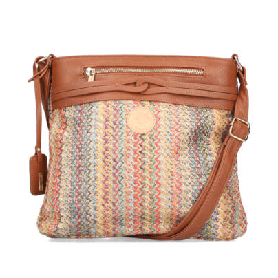 Rieker Handtasche H1519-90 in Braun mit Bastoptik, Reißverschluss und verstellbarem Schulterriemen. Vorderseite.