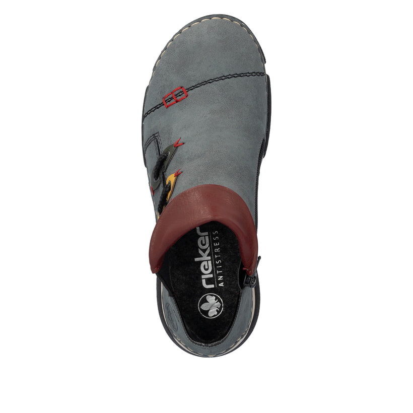 Jeansblaue Rieker Damen Kurzstiefel 45983-14 mit farbenfrohen Details. Schuh von oben.