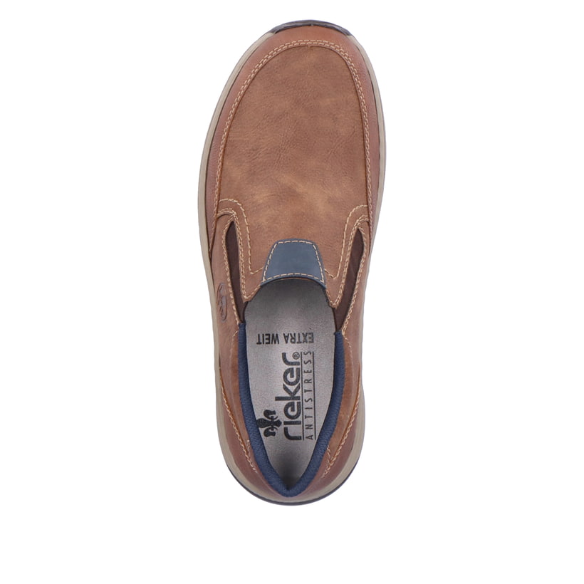 
Holzbraune Rieker Herren Slipper 14362-24 mit einer schockabsorbierenden Sohle. Schuh von oben