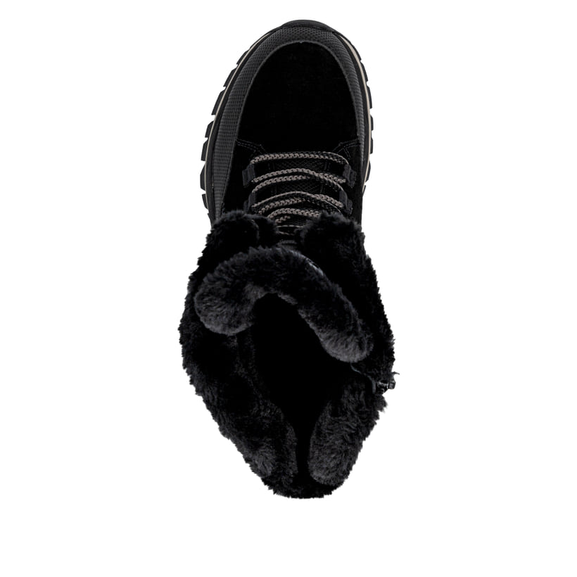 Schwarze Rieker Damen Schnürstiefel W3972-00 mit griffiger Fiber-Grip Sohle. Schuh von oben.