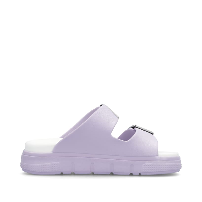Fliederfarbene Rieker Damen Pantoletten P2180-30 mit einer Schnalle. Schuh Innenseite.