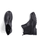 Schwarze Rieker Damen Chelsea Boots 73250-01 mit einem Reißverschluss. Schuh von oben, liegend.