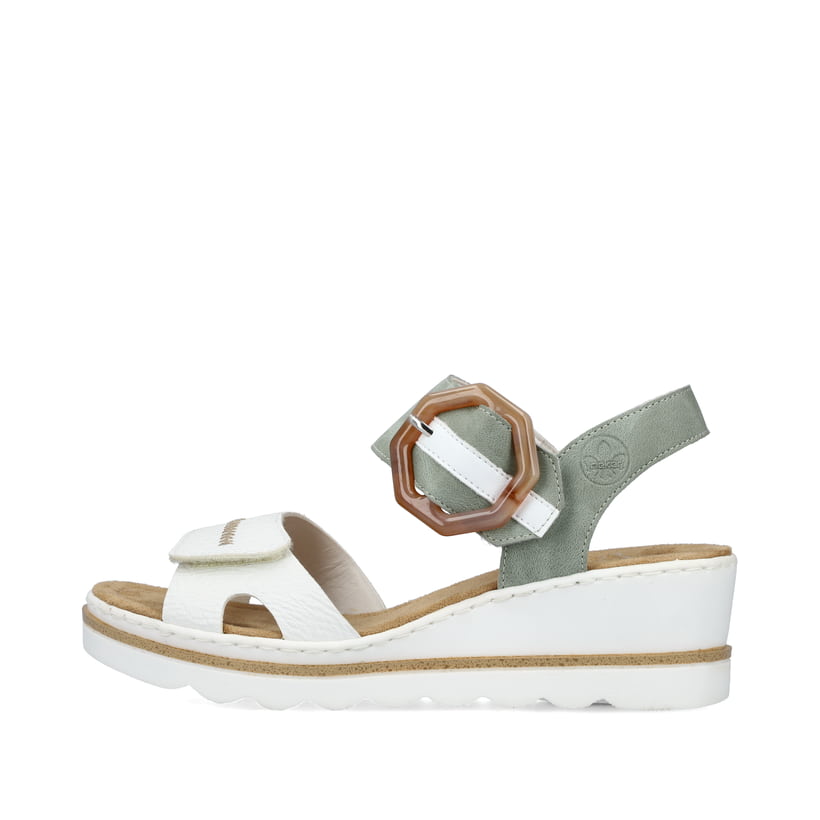 Weiße Rieker Keilsandaletten 67476-81 mit trendigen Schnalle. Schuh Außenseite.