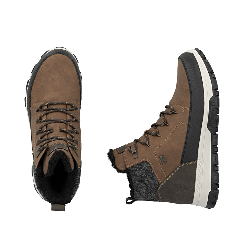 Braune Rieker Herren Schnürstiefel 35540-24 mit wasserabweisender TEX-Membran. Schuh von oben, liegend.