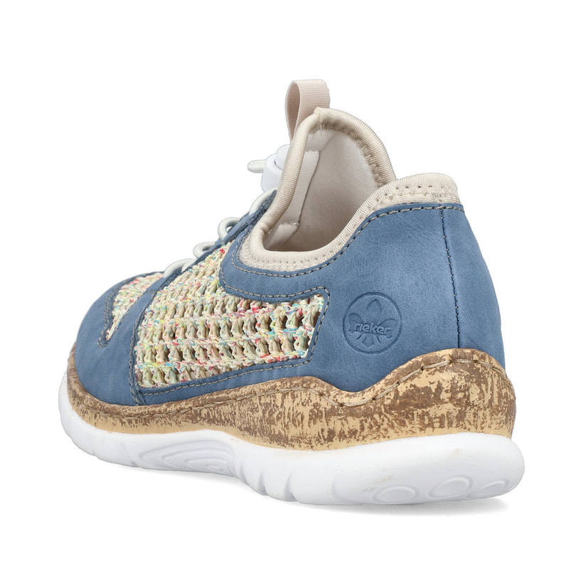 Mehrfarbige Rieker Damen Slipper N42G6-90 mit einem Gummizug. Schuh von hinten.