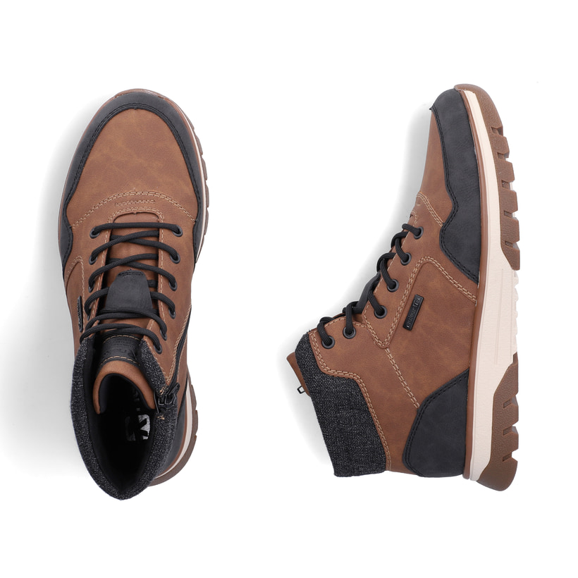 Schwarz-braune Rieker Herren Schnürstiefel B9340-24 mit einem Reißverschluss. Schuh von oben, liegend.