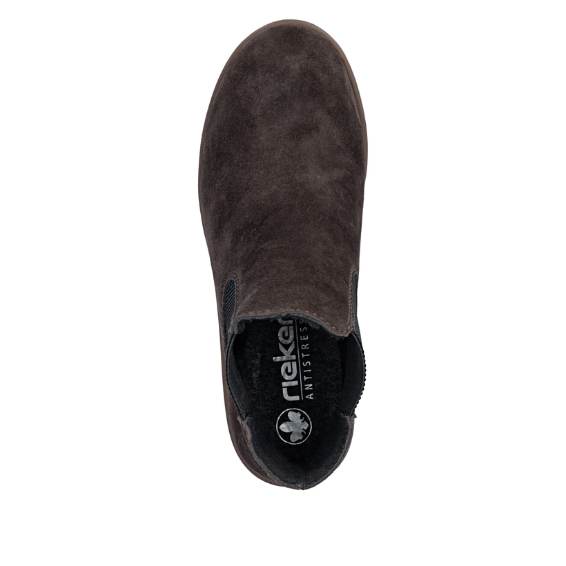 Dunkelbraune Rieker Damen Chelsea Boots 79265-25 aus Rauleder mit einem Gummizug. Schuh von oben.
