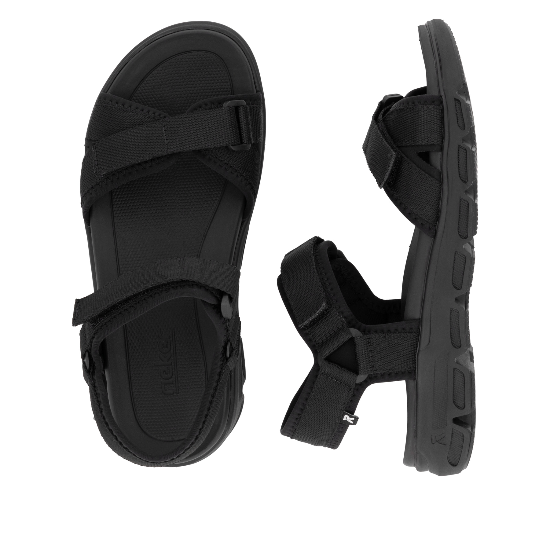 Schwarze waschbare Rieker Damen Trekkingsandalen V8401-00 mit Klettverschluss. Schuh von oben, liegend.