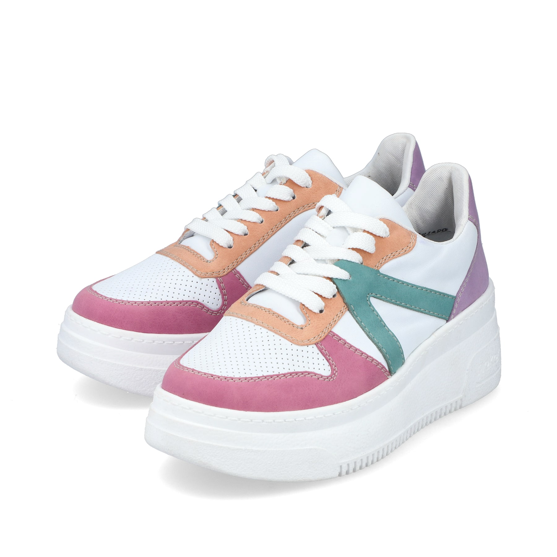 Weiße vegane Rieker Damen Sneaker Low M7814-90 mit einer Schnürung. Schuhpaar seitlich schräg.