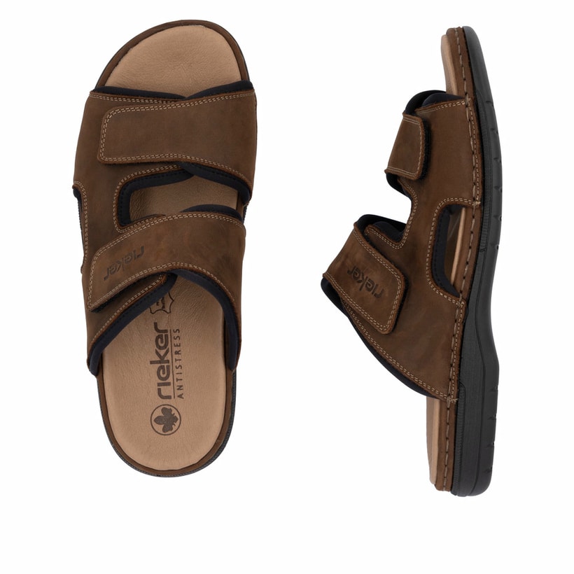 Mules Rieker marron homme 25559-25 en cuir velours avec fermeture velcro. Chaussure vue de dessus, couchée.