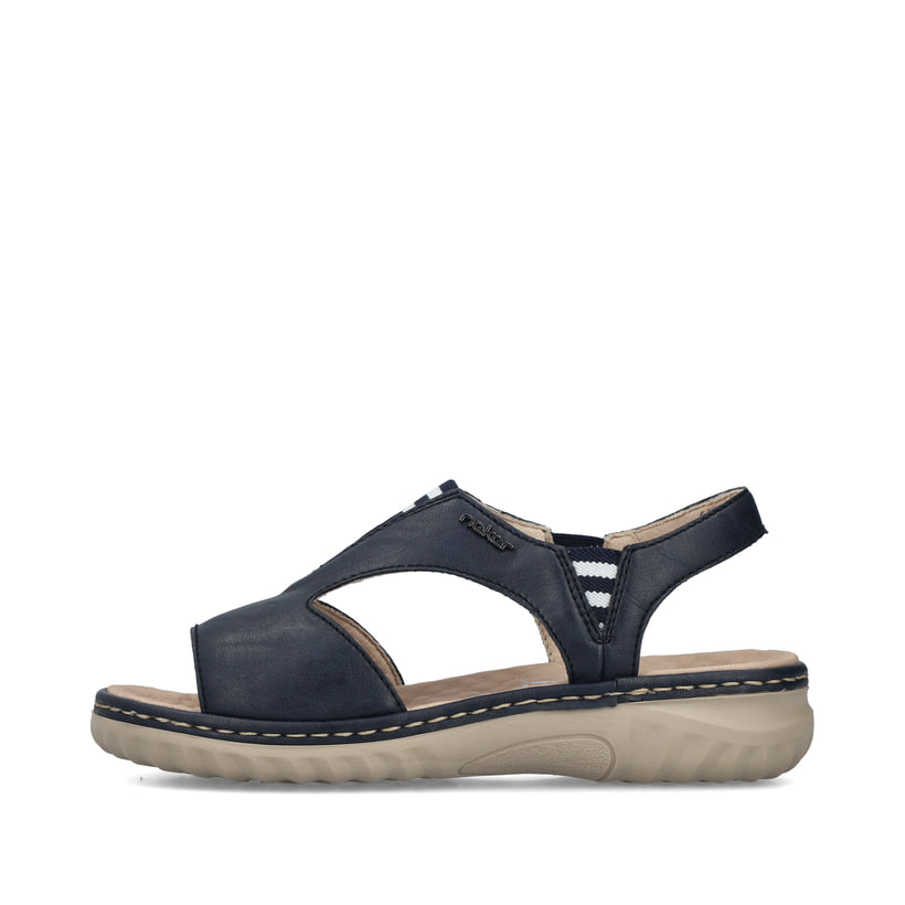 Blaue Rieker Damen Riemchensandalen 60466-15 mit einem Gummizug. Schuh Außenseite.