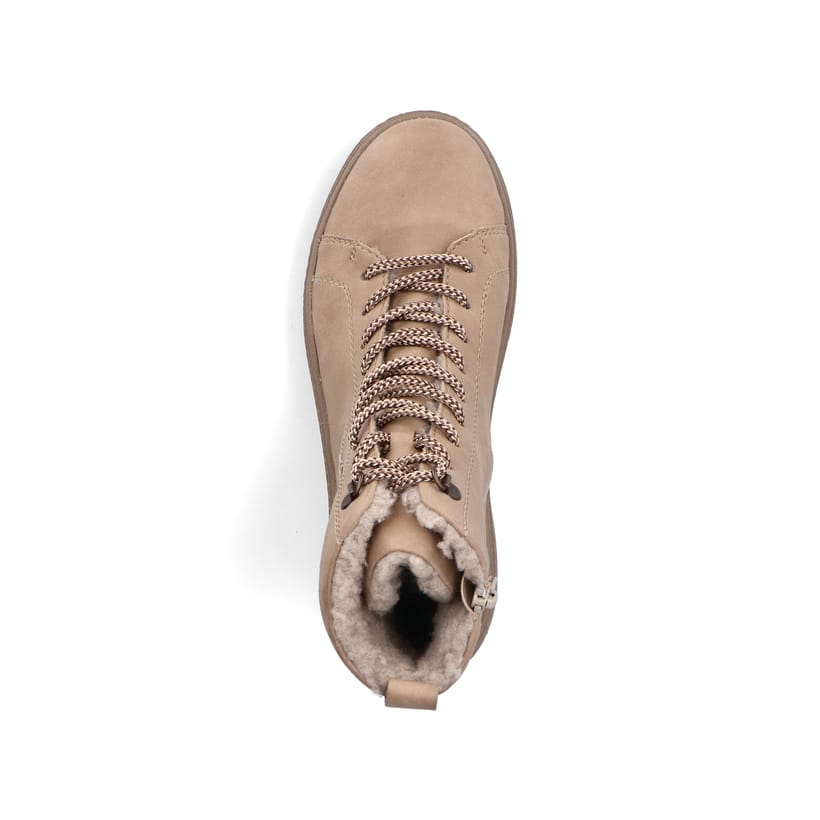 Beige Rieker Damen Schnürstiefel N0036-20 mit einem Reißverschluss. Schuh von oben.