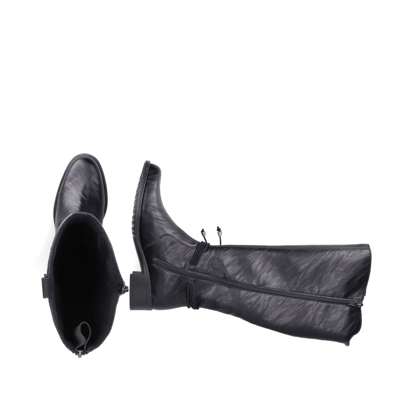 Schwarze Rieker Damen Hochschaftstiefel Z7361-00 mit modischer Kordel. Schuh von oben, liegend.