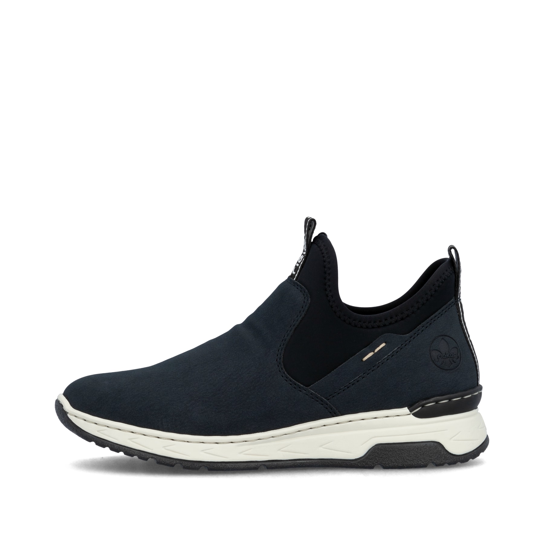 
Marineblaue Rieker Damen Slipper M0053-14 mit einer schockabsorbierenden Sohle. Schuh Außenseite