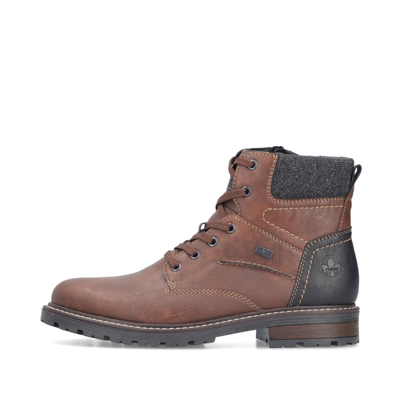 Kastanienbraune Rieker Herren Schnürstiefel 32031-25 mit einer robusten Profilsohle. Schuh Außenseite