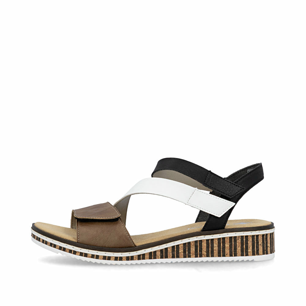 Beige Rieker Keilsandaletten V3670-64 mit einem Klettverschluss. Schuh Außenseite.